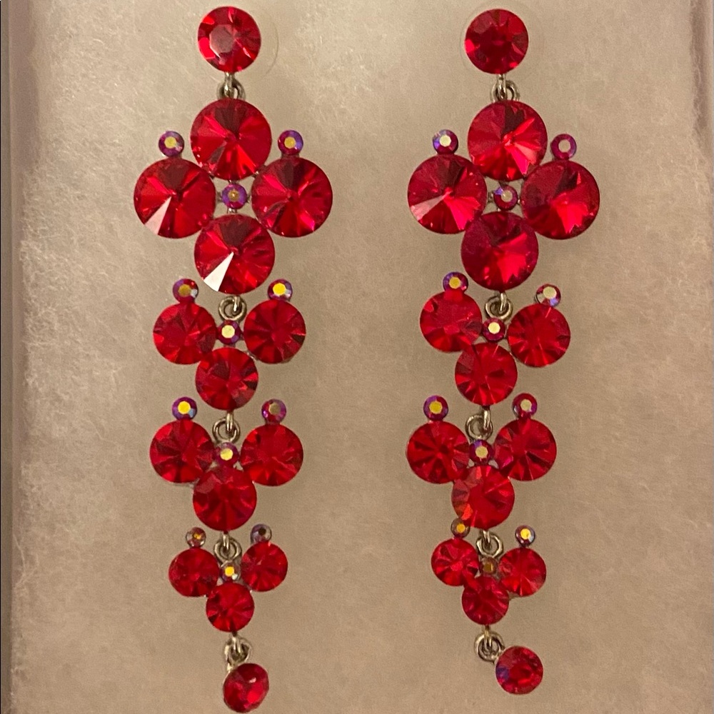 Red pageant dangly earrings